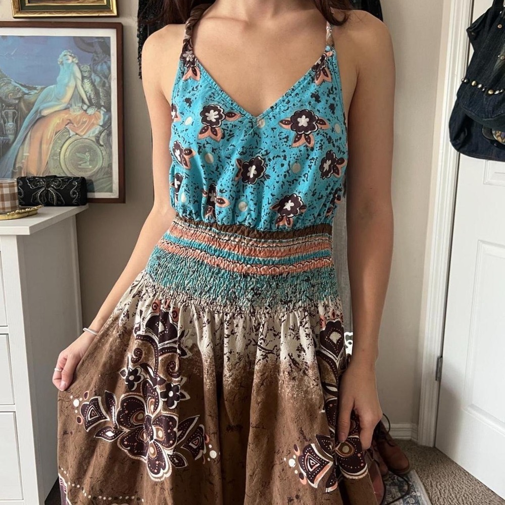 Cassees Boho Floral Midi Dress Teal Brown Smocked Waist Y2K 2000s Cotton Medium - Picture 4 of 6